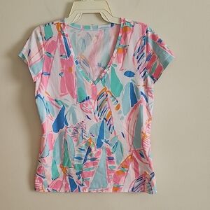 Lilly Pulitzer Pink Blue Fitted Short Sleeve Tee Sailboats Coastal Nautical Med